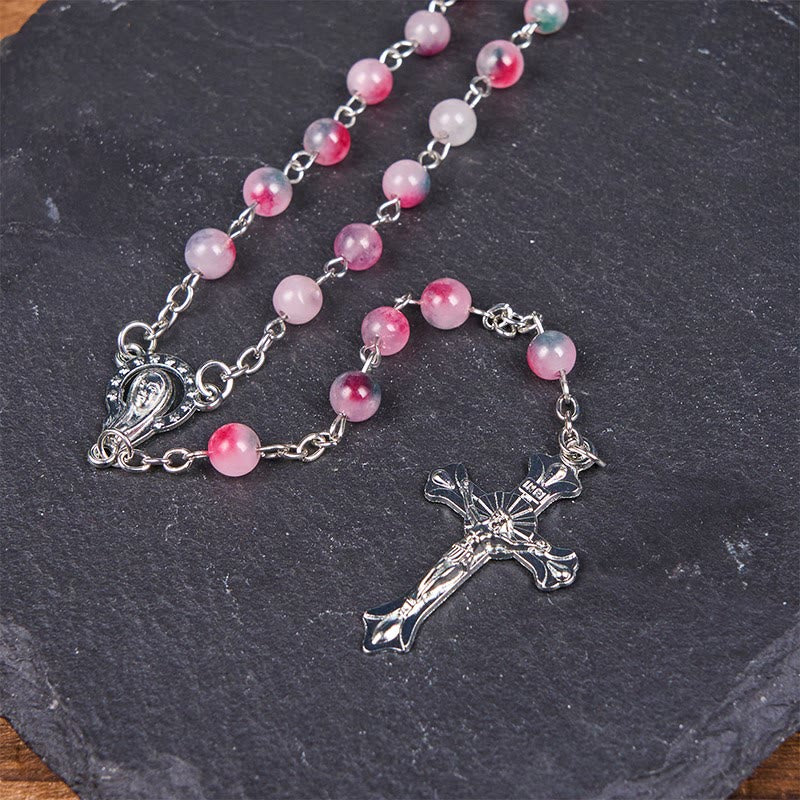 Christianartworkshop Our Lady of Rosary & Crucifix of 6mm Round Multi-pink Agate Alloy Chain Rosary - image 7