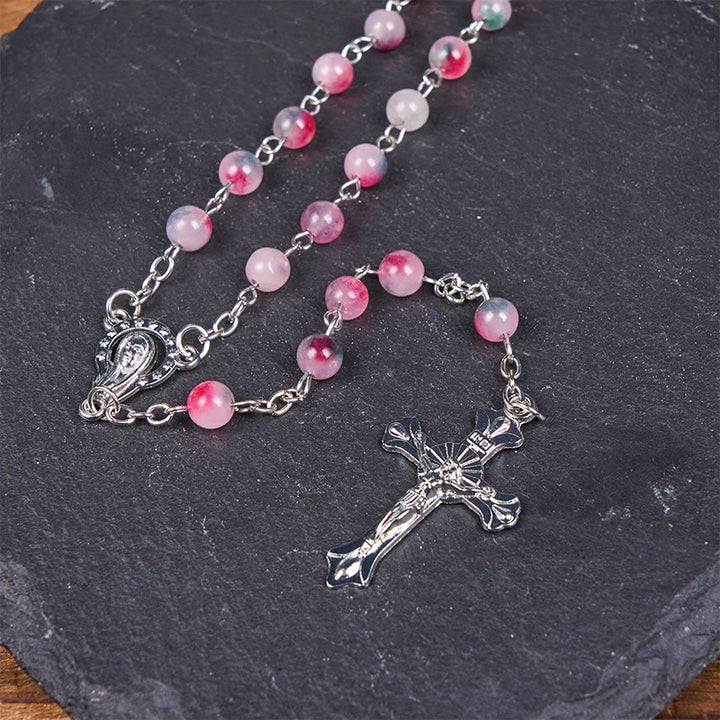 Christianartworkshop Our Lady of Rosary & Crucifix of 6mm Round Multi-pink Agate Alloy Chain Rosary - image 7