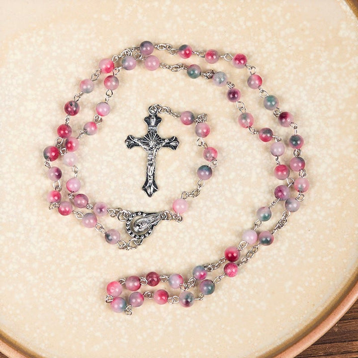 Christianartworkshop Our Lady of Rosary & Crucifix of 6mm Round Multi-pink Agate Alloy Chain Rosary - image 5