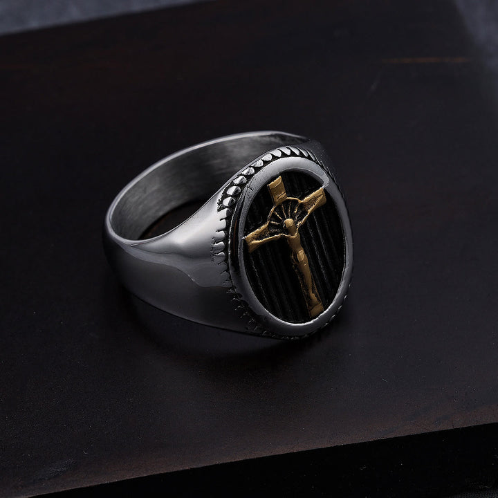 Christianartworkshop Retro Style Simple Crucifix Protection & Strength Titanium Ring - image 3