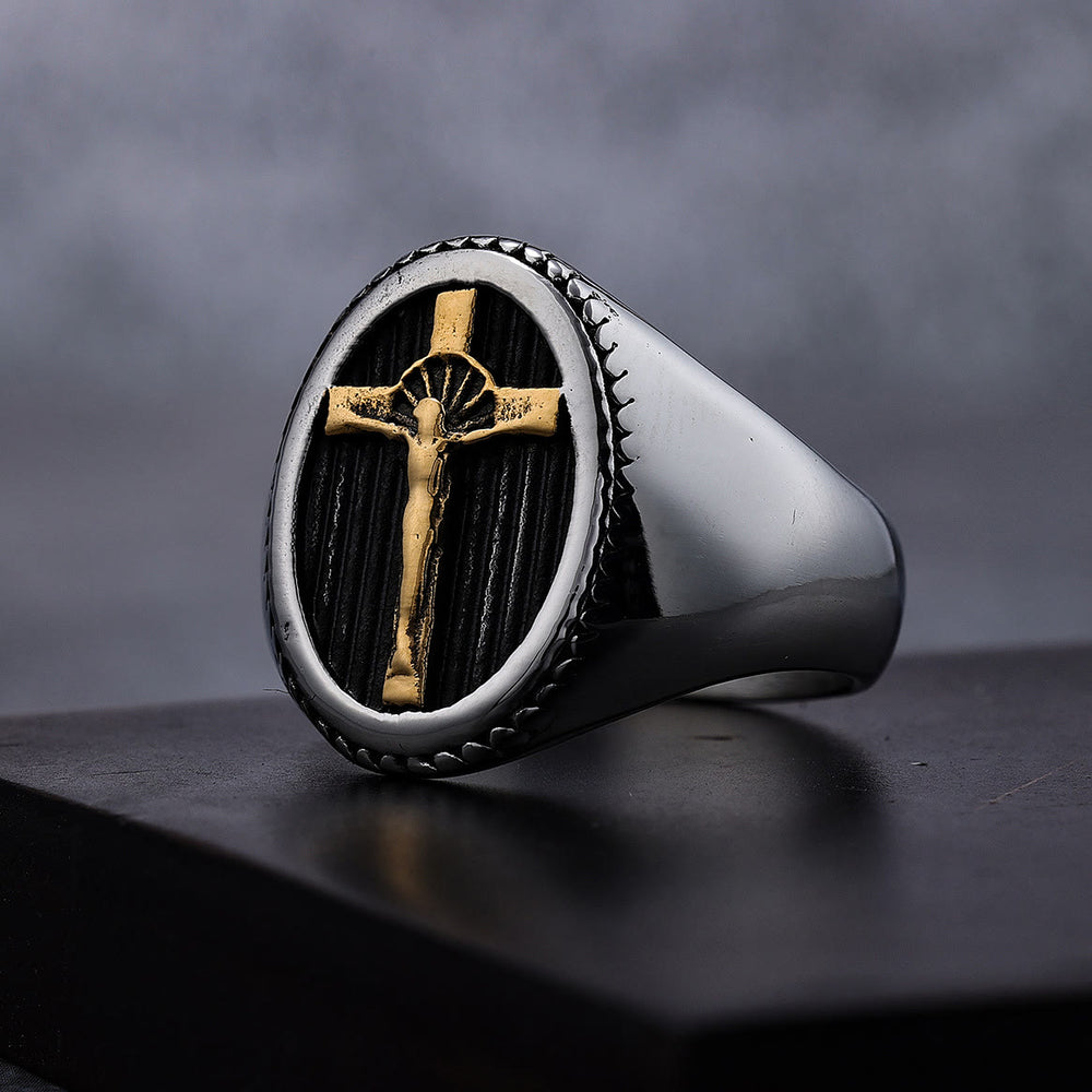 Christianartworkshop Retro Style Simple Crucifix Protection & Strength Titanium Ring - image 2