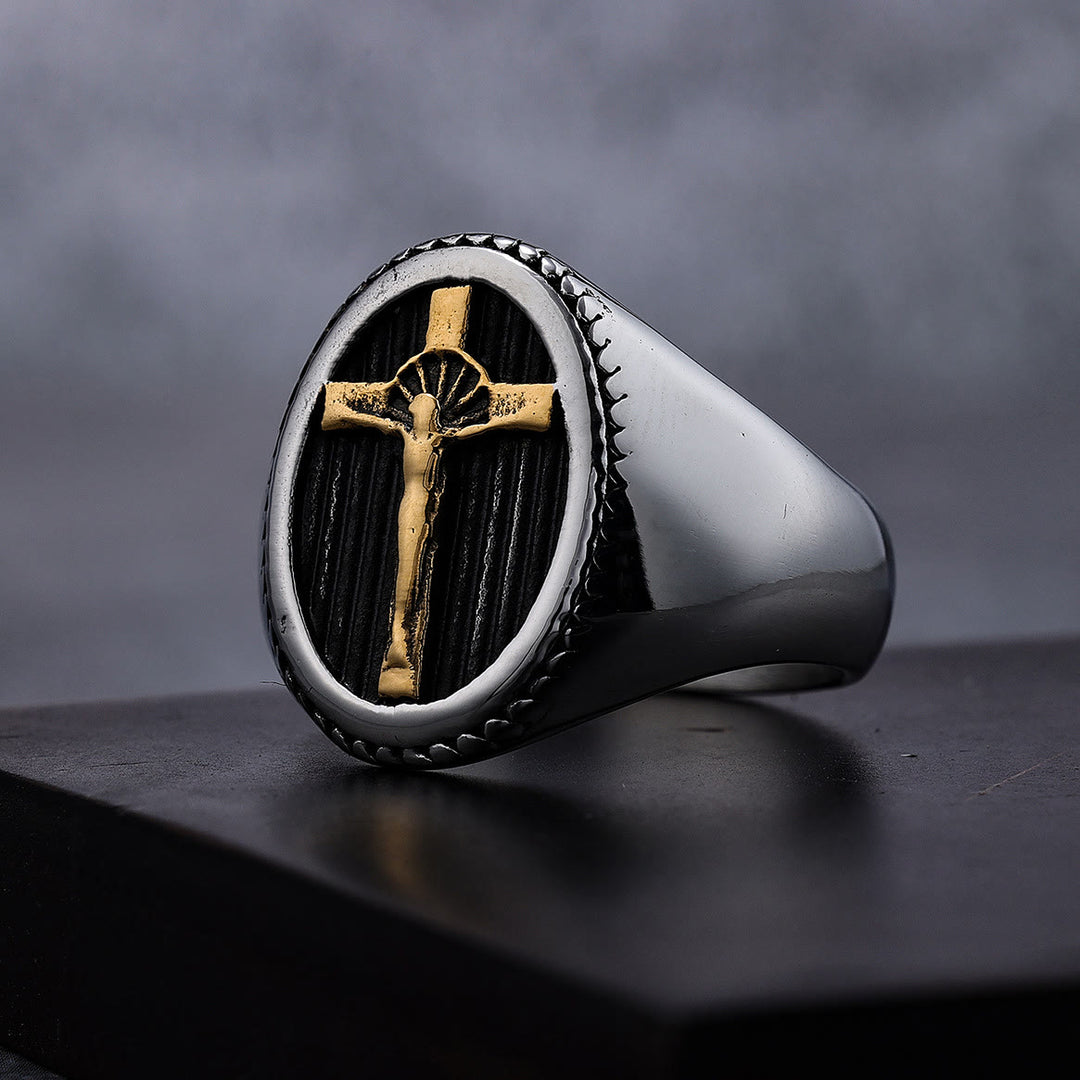 Christianartworkshop Retro Style Simple Crucifix Protection & Strength Titanium Ring - image 2