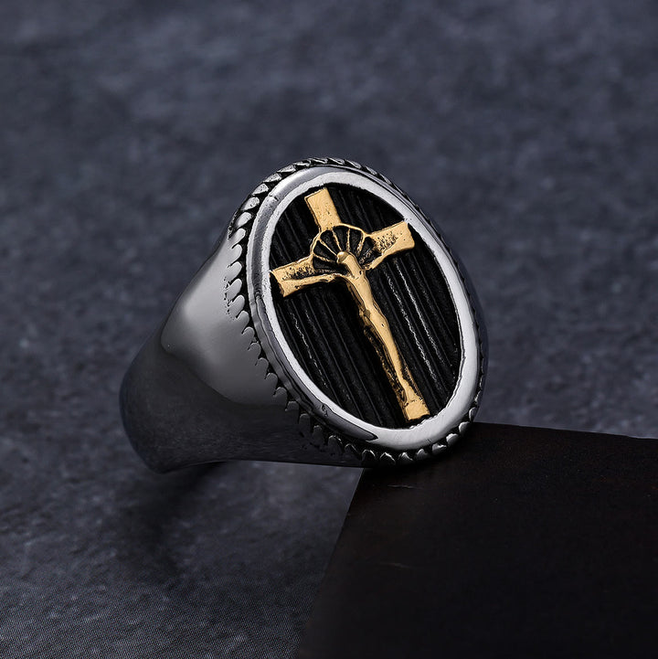 Christianartworkshop Retro Style Simple Crucifix Protection & Strength Titanium Ring - image 0