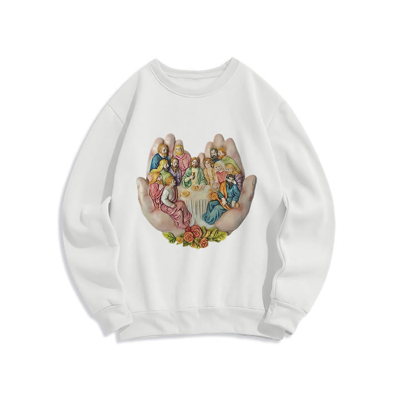 Christianartworkshop Modern Colored Style Last Supper in God's Hands Fleece Lined Polyester Sweatshirt - White - 2XL - image 1