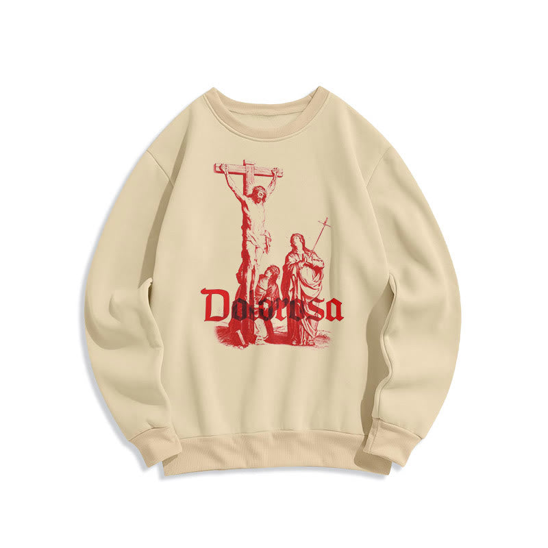 Christianartworkshop Classic Style Dolorosa Crucifix Jesus Sacred Faith Fleece Lined Polyester Sweatshirt - Beige - 2XL - image 1