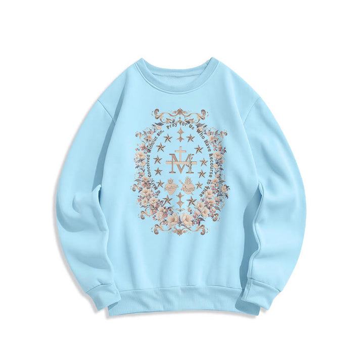 Christianartworkshop Modern Style Floral Cross Virgin Mary Fleece Lined Polyester Sweatshirt - Blue - 2XL - image 14