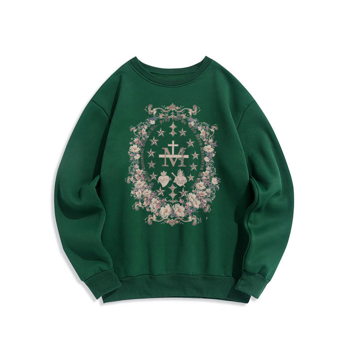 Christianartworkshop Modern Style Floral Cross Virgin Mary Fleece Lined Polyester Sweatshirt - Green - 2XL - image 12