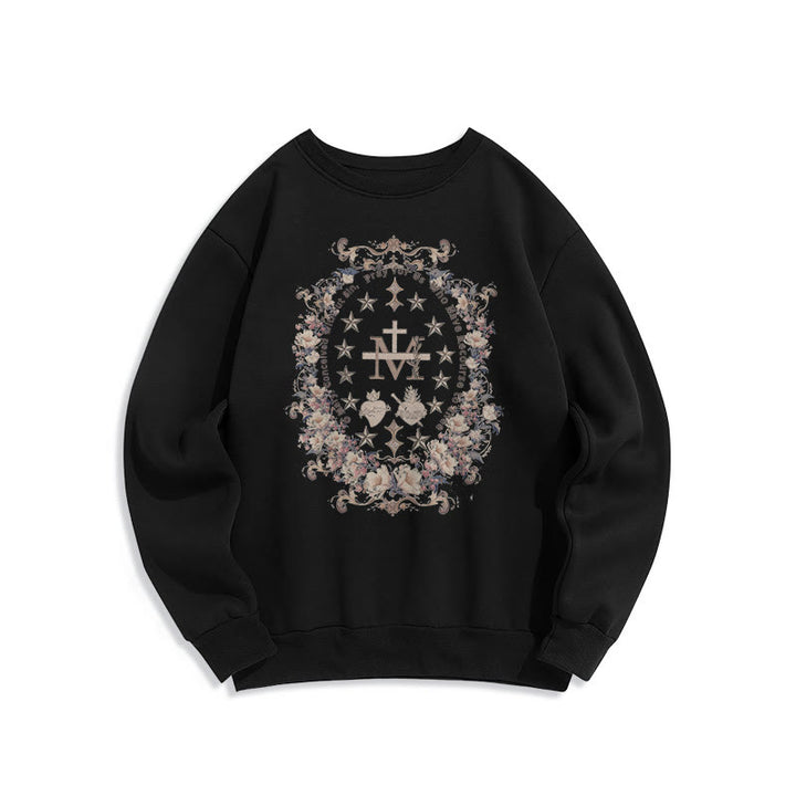 Christianartworkshop Modern Style Floral Cross Virgin Mary Fleece Lined Polyester Sweatshirt - Black - 2XL - image 7