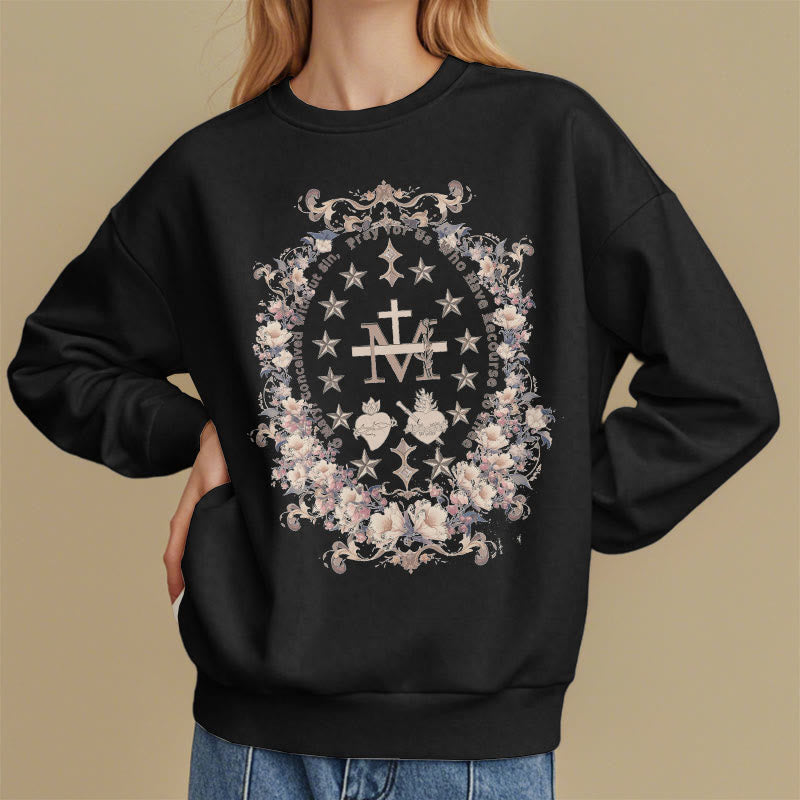 Christianartworkshop Modern Style Floral Cross Virgin Mary Fleece Lined Polyester Sweatshirt - image 8