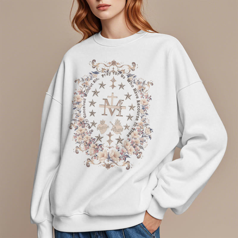 Christianartworkshop Modern Style Floral Cross Virgin Mary Fleece Lined Polyester Sweatshirt - image 6