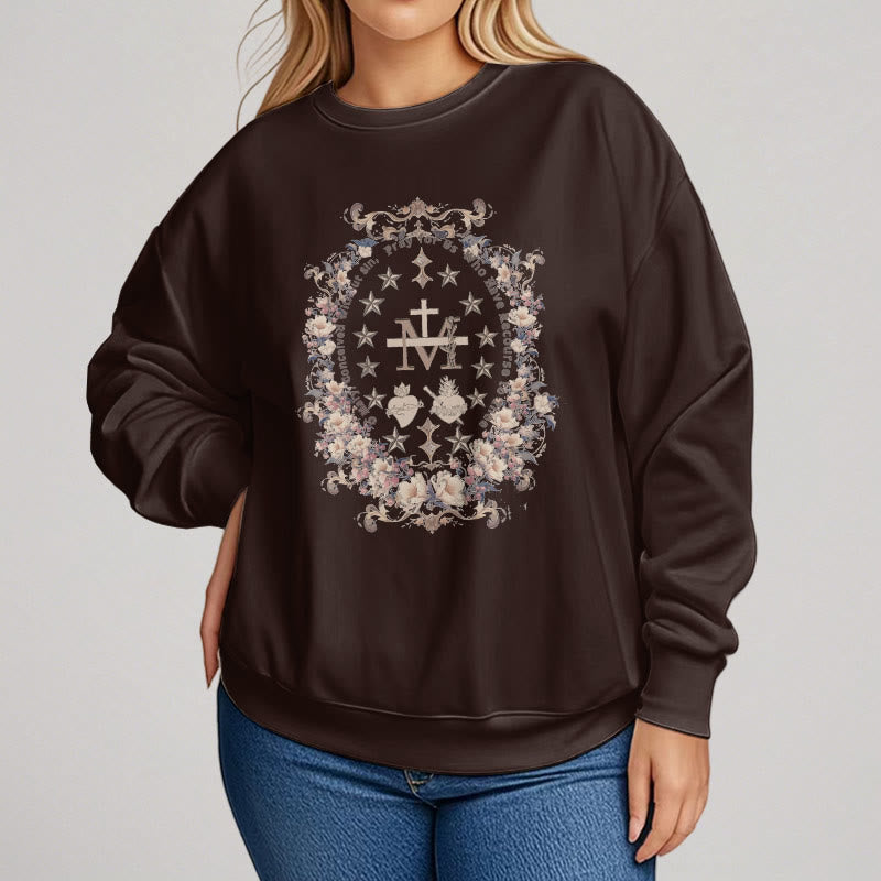 Christianartworkshop Modern Style Floral Cross Virgin Mary Fleece Lined Polyester Sweatshirt - image 12