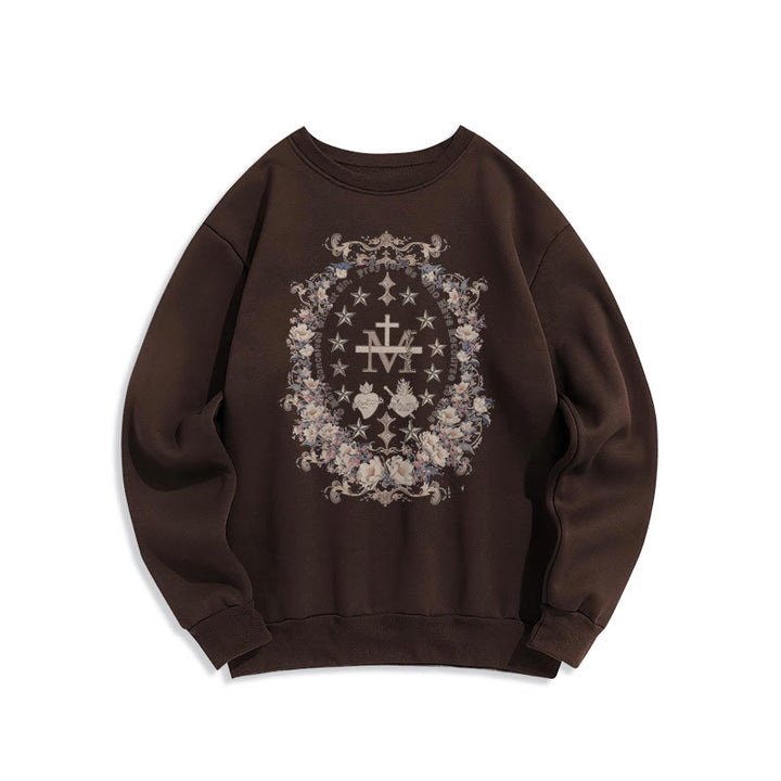 Christianartworkshop Modern Style Floral Cross Virgin Mary Fleece Lined Polyester Sweatshirt - Brown - 2XL - image 11
