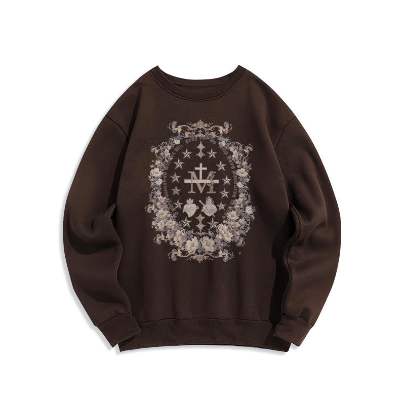Christianartworkshop Modern Style Floral Cross Virgin Mary Fleece Lined Polyester Sweatshirt - Brown - 2XL - image 10