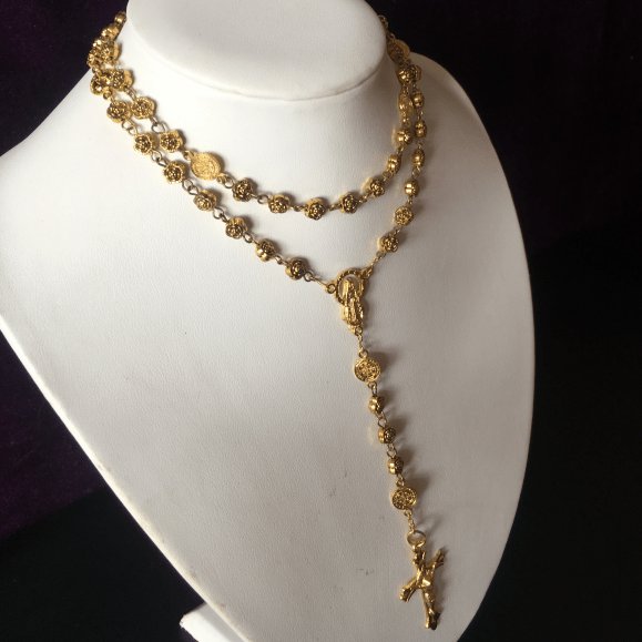 Christianartworkshop Virgin Mary & Crucifix of 6 mm Rose Retro Gold Copper Alloy Chain Rosary - image 5