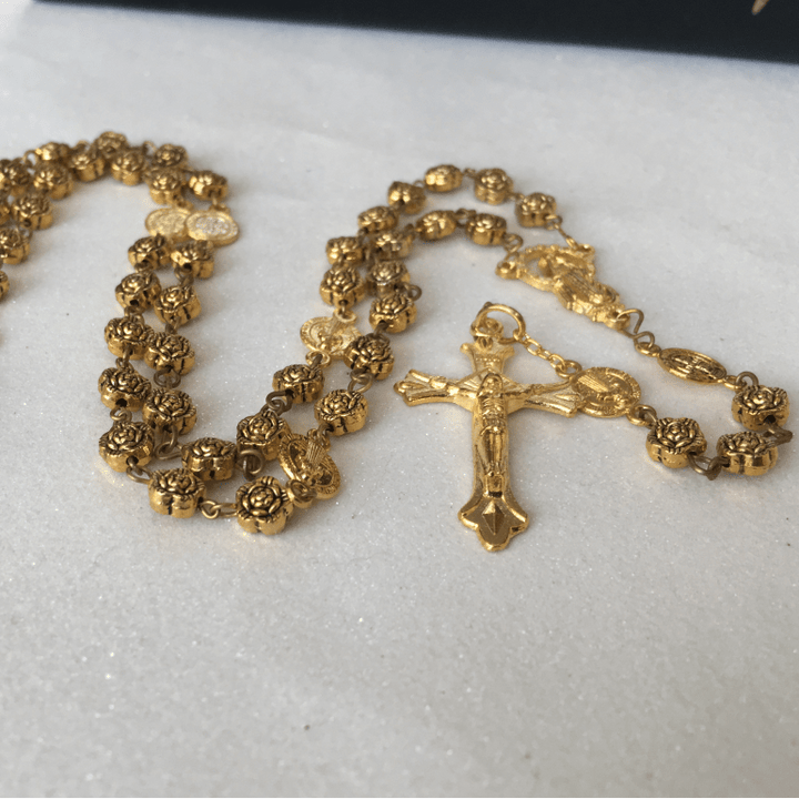 Christianartworkshop Virgin Mary & Crucifix of 6 mm Rose Retro Gold Copper Alloy Chain Rosary - image 7