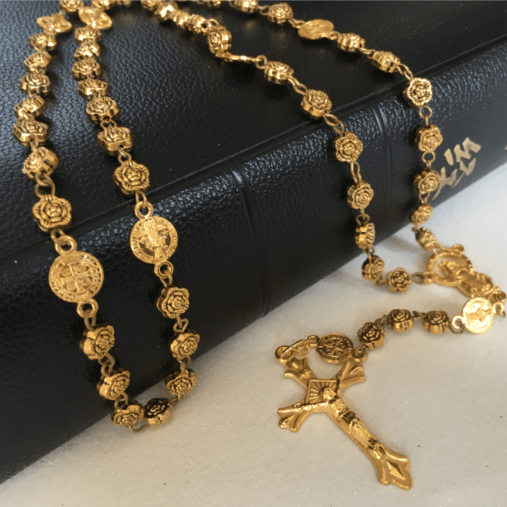 Christianartworkshop Virgin Mary & Crucifix of 6 mm Rose Retro Gold Copper Alloy Chain Rosary - image 3