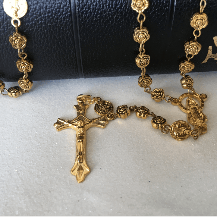 Christianartworkshop Virgin Mary & Crucifix of 6 mm Rose Retro Gold Copper Alloy Chain Rosary - image 4