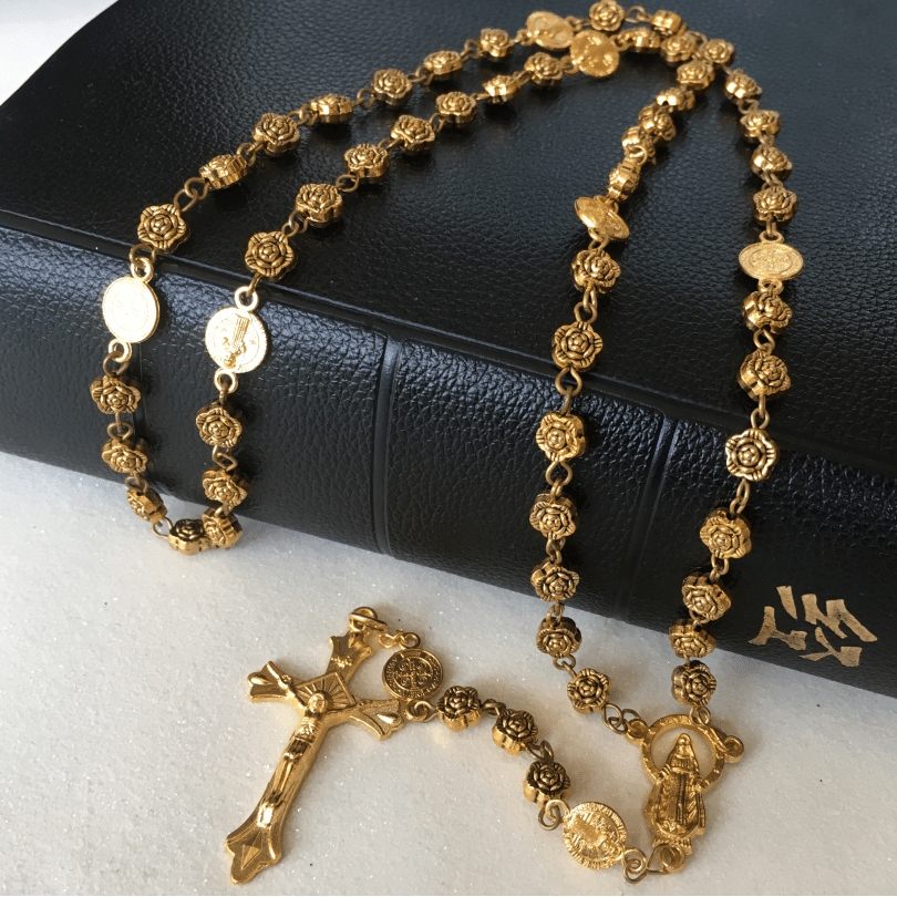 Christianartworkshop Virgin Mary & Crucifix of 6 mm Rose Retro Gold Copper Alloy Chain Rosary - image 2