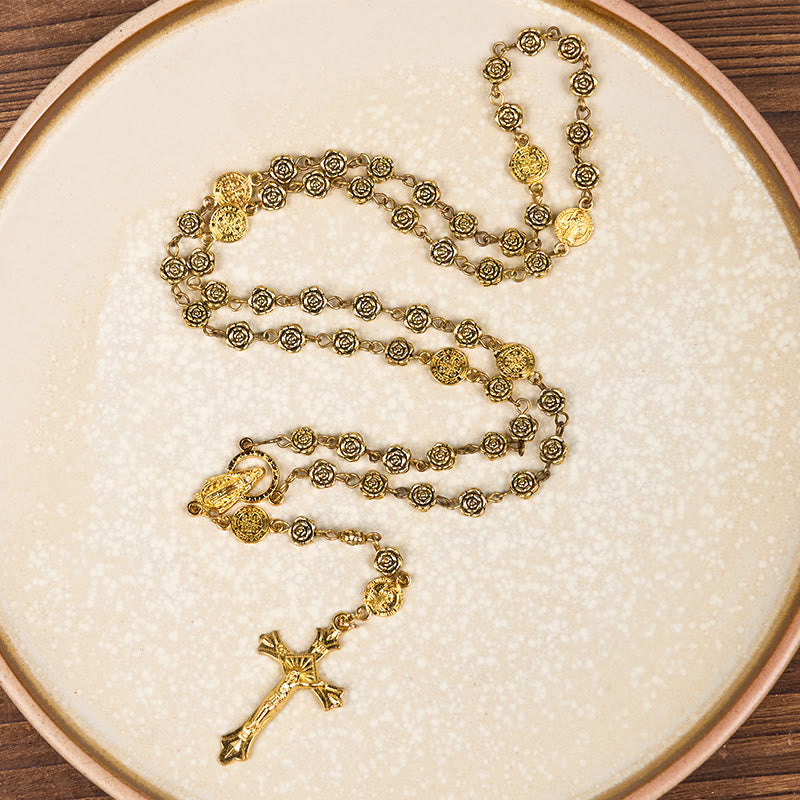 Christianartworkshop Virgin Mary & Crucifix of 6 mm Rose Retro Gold Copper Alloy Chain Rosary - Virgin Mary & Crucifix - image 1