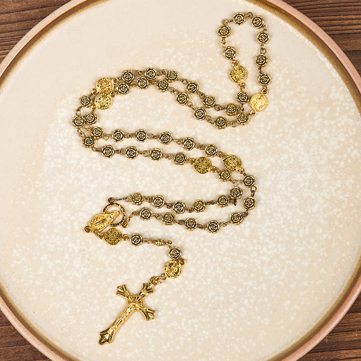 Christianartworkshop Virgin Mary & Crucifix of 6 mm Rose Retro Gold Copper Alloy Chain Rosary - Virgin Mary & Crucifix - image 1