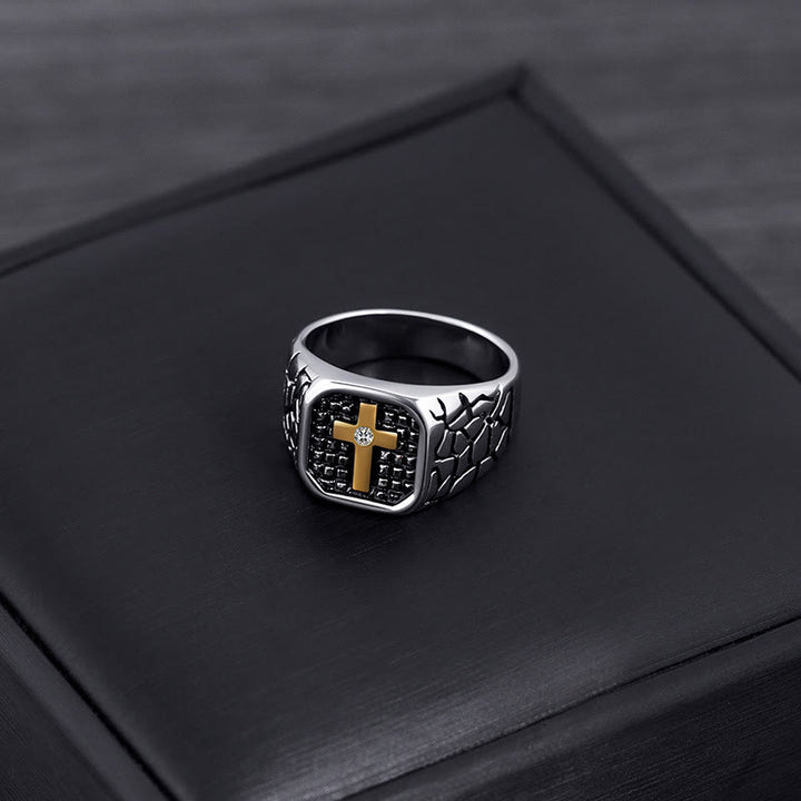 Christianartworkshop Classic Style Cracked Stone Pattern Cross Devine Faith Ring - image 2