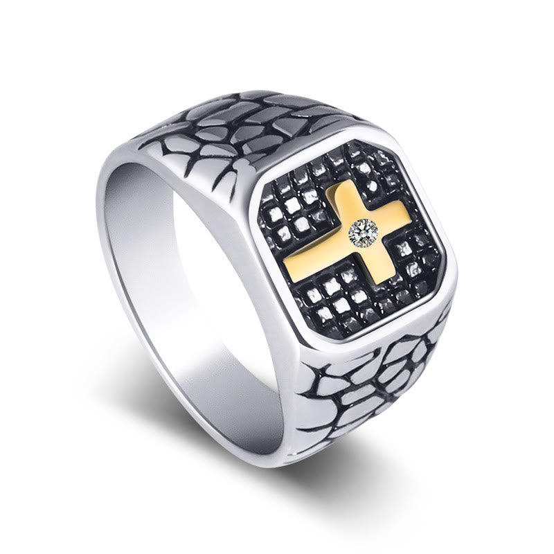Christianartworkshop Classic Style Cracked Stone Pattern Cross Devine Faith Ring - US12 - image 1