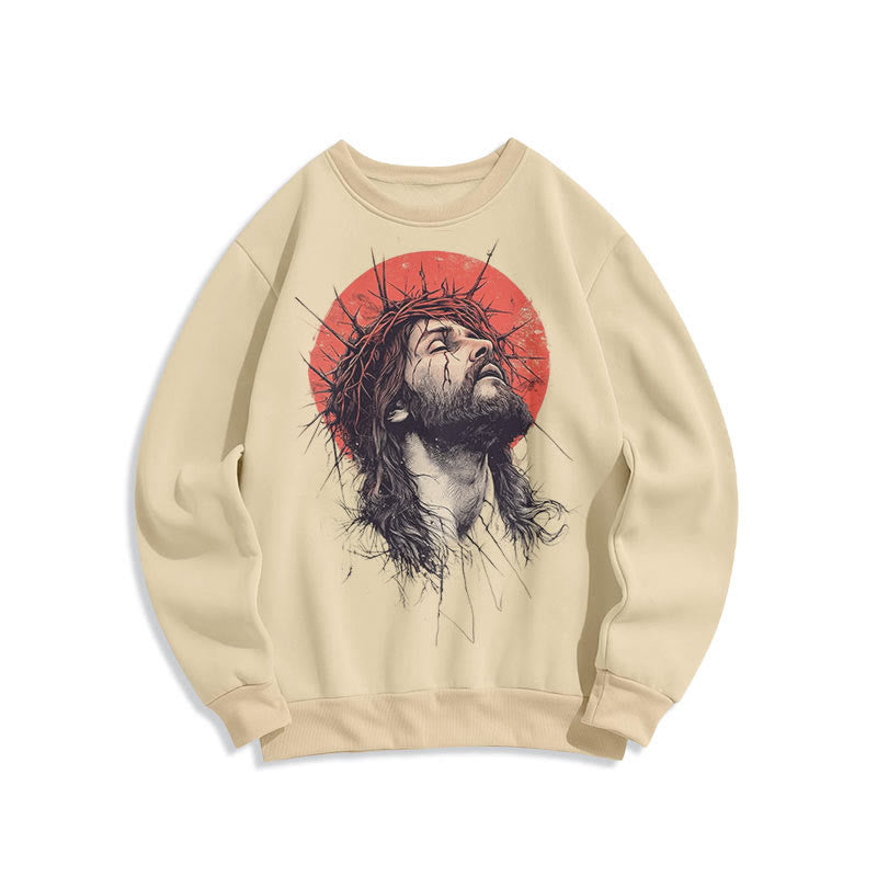 Christianartworkshop Classic Colored Style Jesus Crown of Thorns Fleece Lined Polyester Sweatshirt - Beige - 2XL - image 1