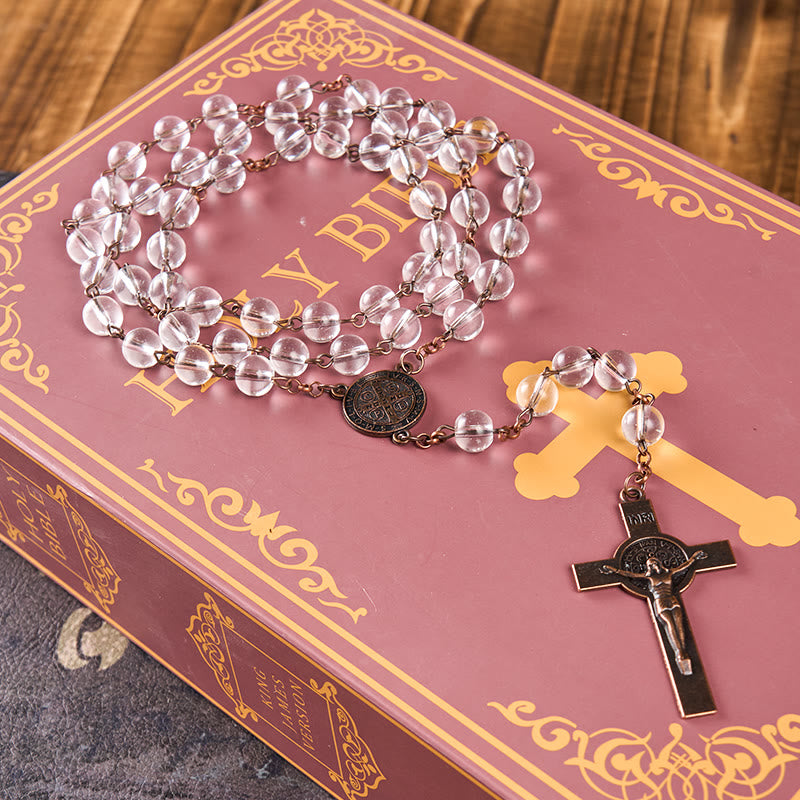 Christianartworkshop St. Benedict Medal & Crucifix of 8mm Round Clear Glass Alloy Chain Rosary - image 2