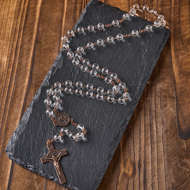 Christianartworkshop St. Benedict Medal & Crucifix of 8mm Round Clear Glass Alloy Chain Rosary - St. Benedict & Crucifix - image 1