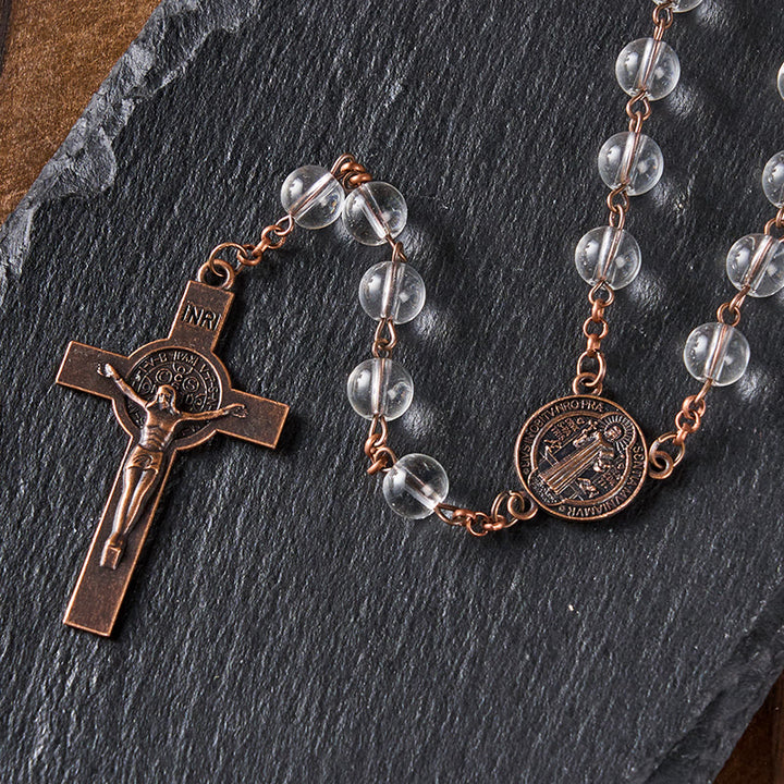 Christianartworkshop St. Benedict Medal & Crucifix of 8mm Round Clear Glass Alloy Chain Rosary - image 4