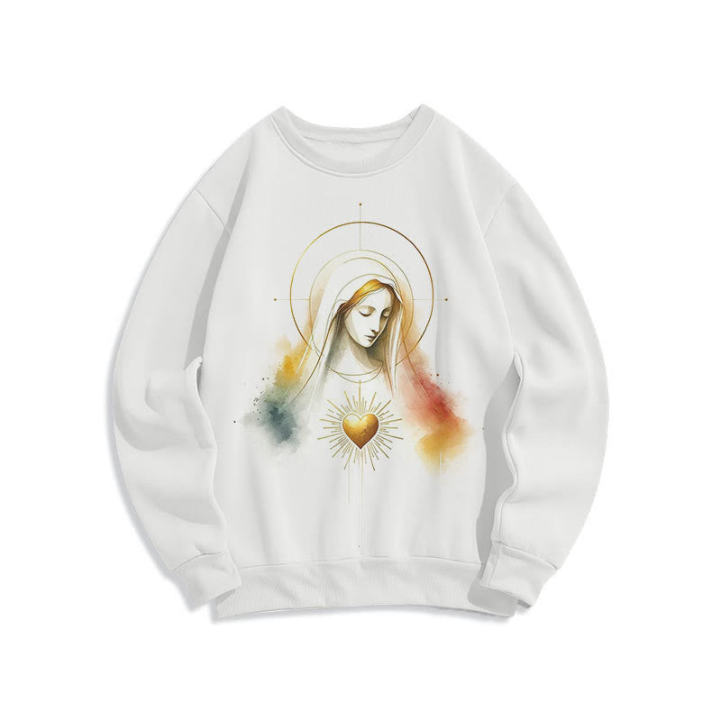 Christianartworkshop Modern Style Halo Sacred Heart Virgin Mary Fleece Lined Polyester Sweatshirt - White - 2XL - image 9