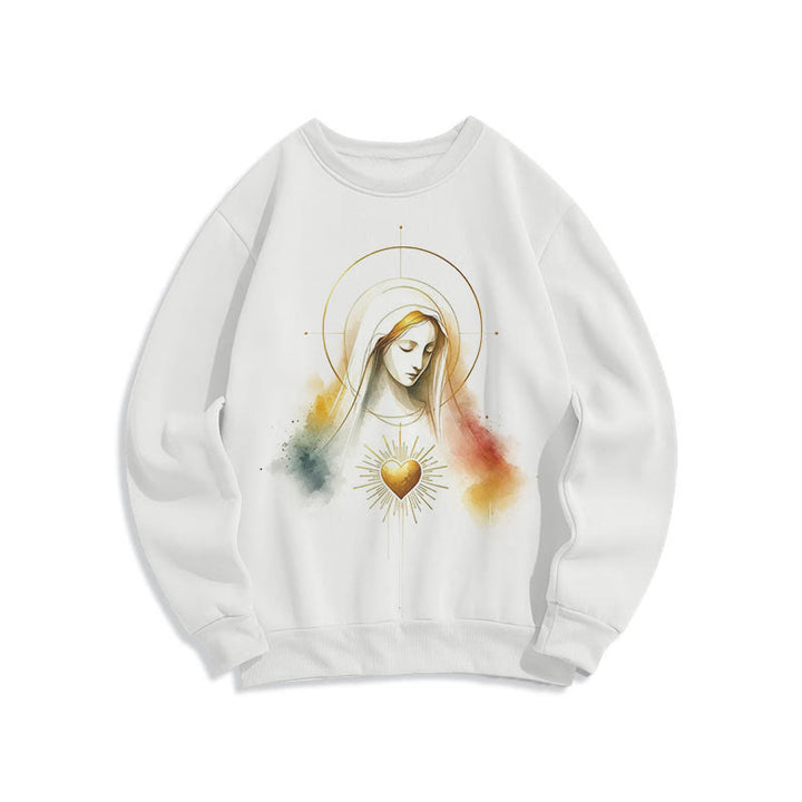 Christianartworkshop Modern Style Halo Sacred Heart Virgin Mary Fleece Lined Polyester Sweatshirt - White - 2XL - image 9