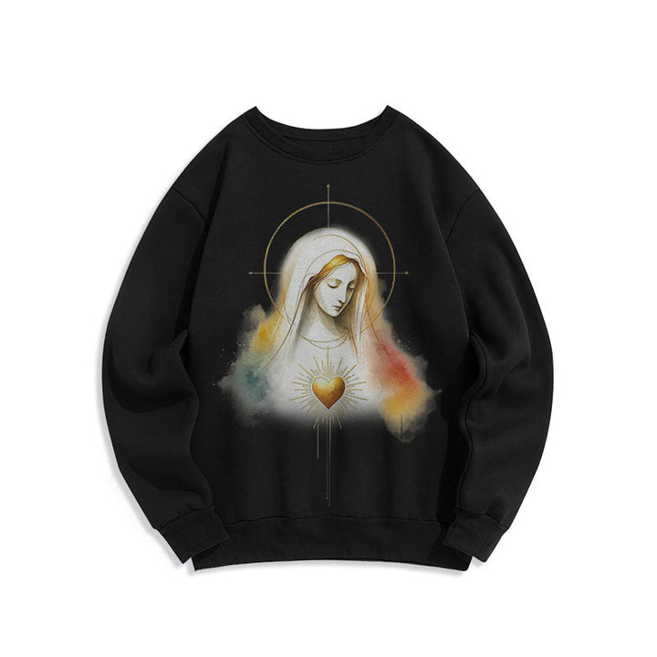 Christianartworkshop Modern Style Halo Sacred Heart Virgin Mary Fleece Lined Polyester Sweatshirt - Black - 2XL - image 7