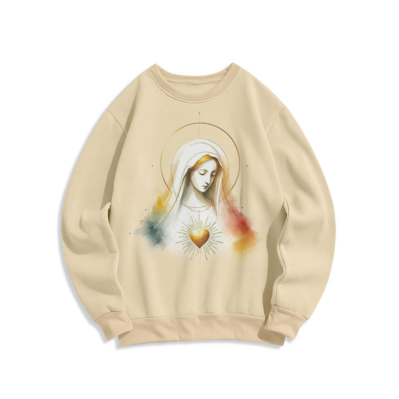 Christianartworkshop Modern Style Halo Sacred Heart Virgin Mary Fleece Lined Polyester Sweatshirt - Beige - 2XL - image 11