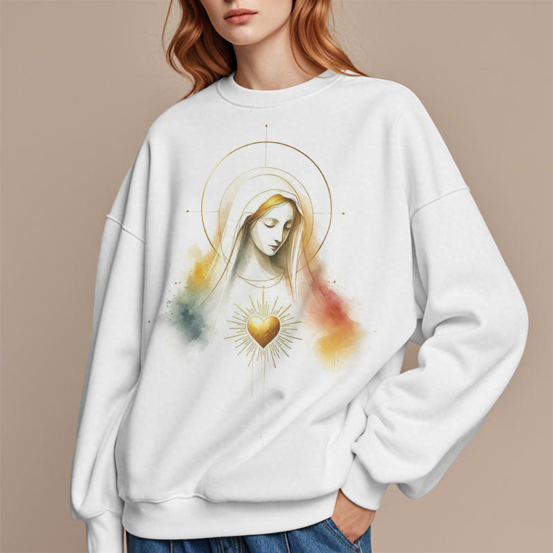 Christianartworkshop Modern Style Halo Sacred Heart Virgin Mary Fleece Lined Polyester Sweatshirt - image 10