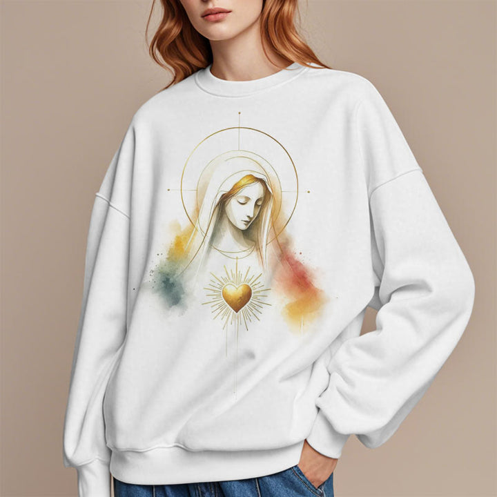 Christianartworkshop Modern Style Halo Sacred Heart Virgin Mary Fleece Lined Polyester Sweatshirt - image 10