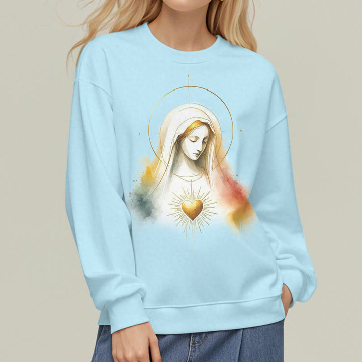 Christianartworkshop Modern Style Halo Sacred Heart Virgin Mary Fleece Lined Polyester Sweatshirt - image 6