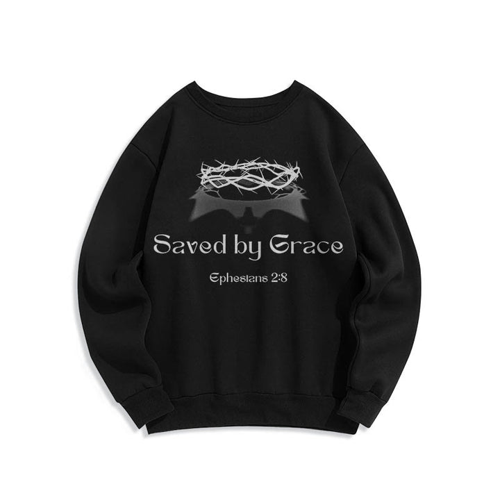 Christianartworkshop Quotation Style Saved By Grace Crown Fleece Lined Polyester Sweatshirt - Black - 2XL - image 7