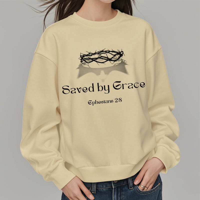 Christianartworkshop Quotation Style Saved By Grace Crown Fleece Lined Polyester Sweatshirt - image 5