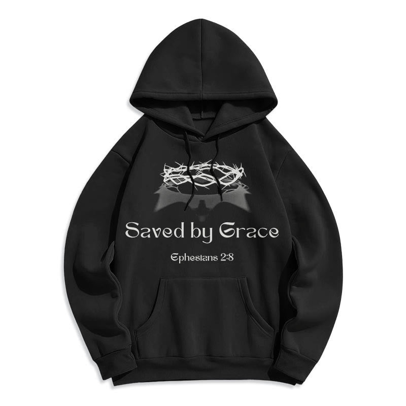 Christianartworkshop Quotation Style Saved By Grace Crown Fleece Lined Polyester Hoodie - Black - 2XL - image 7