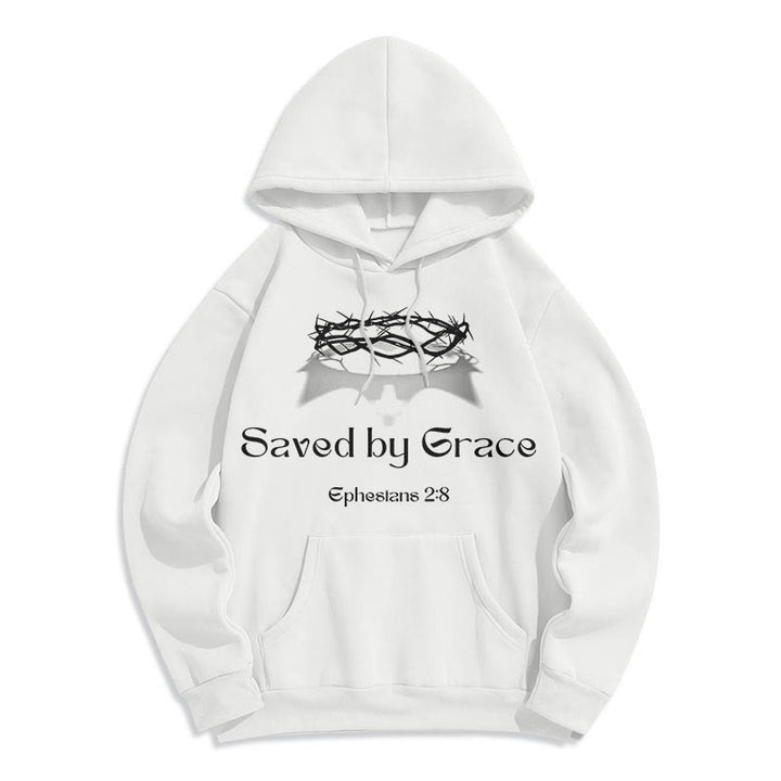 Christianartworkshop Quotation Style Saved By Grace Crown Fleece Lined Polyester Hoodie - White - 2XL - image 9