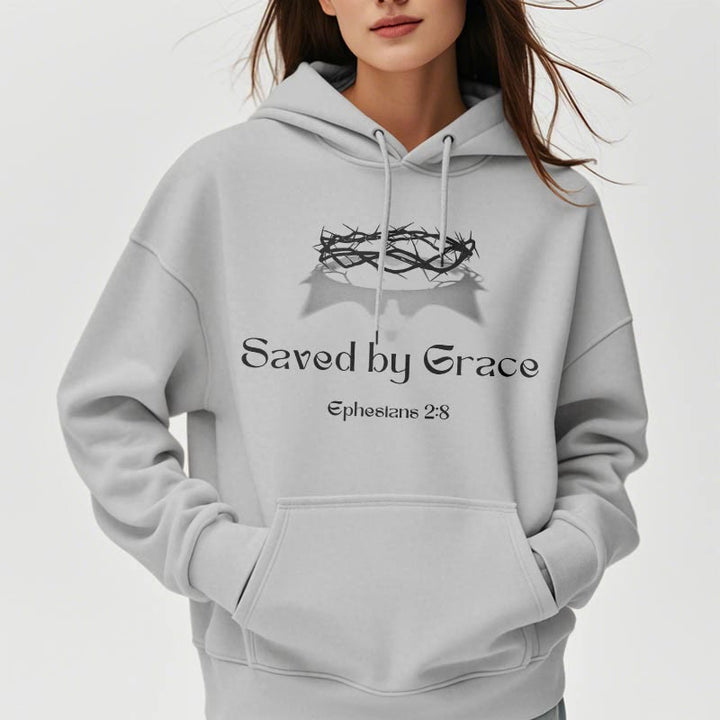 Christianartworkshop Quotation Style Saved By Grace Crown Fleece Lined Polyester Hoodie - image 16