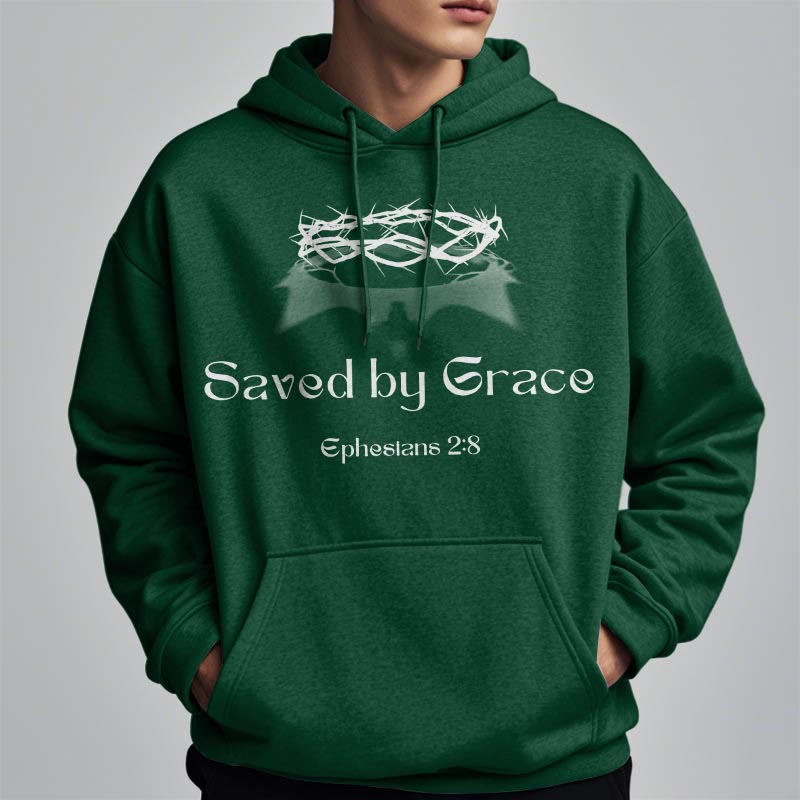 Christianartworkshop Quotation Style Saved By Grace Crown Fleece Lined Polyester Hoodie - image 6