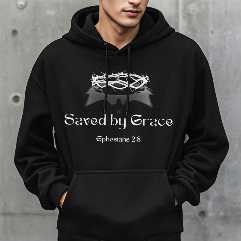 Christianartworkshop Quotation Style Saved By Grace Crown Fleece Lined Polyester Hoodie - image 8