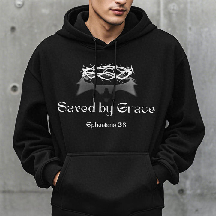 Christianartworkshop Quotation Style Saved By Grace Crown Fleece Lined Polyester Hoodie - image 8