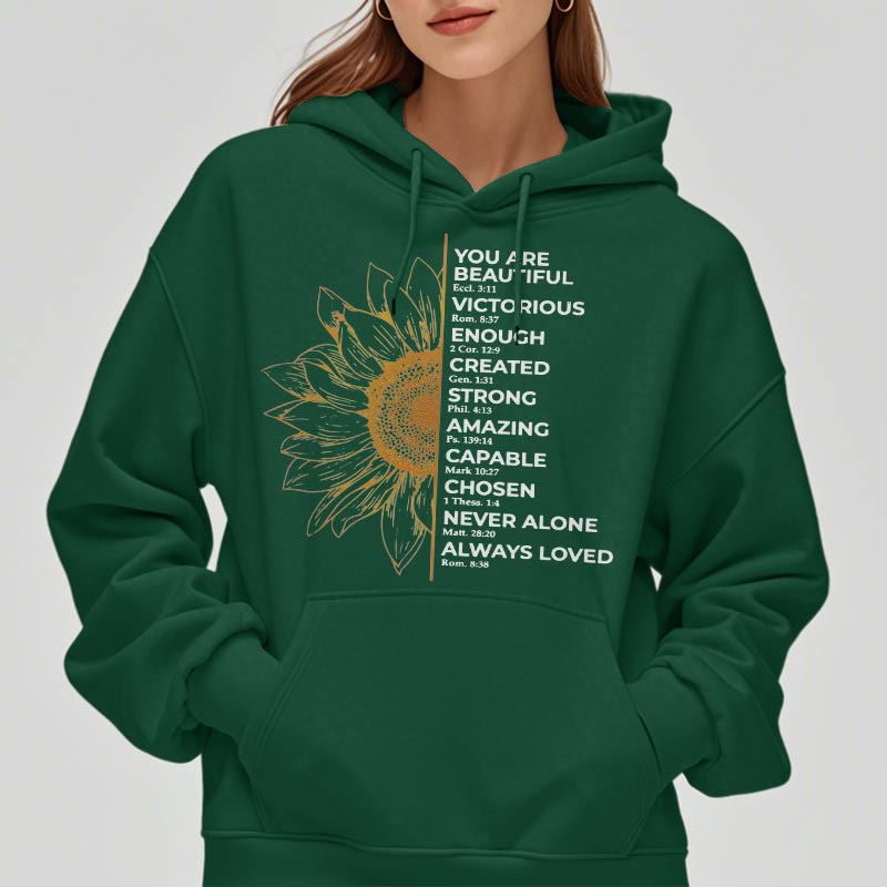 Christianartworkshop Quotation Style Sunflower Strength Positivity Fleece Lined Polyester Hoodie - image 14