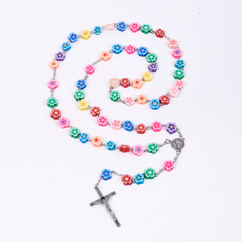 Christianartworkshop St. Benedict Medal & Crucifix of 8 mm Flower Multicolor Polymer Clay Alloy Chain Rosary - image 6