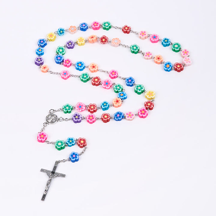 Christianartworkshop St. Benedict Medal & Crucifix of 8 mm Flower Multicolor Polymer Clay Alloy Chain Rosary - image 7