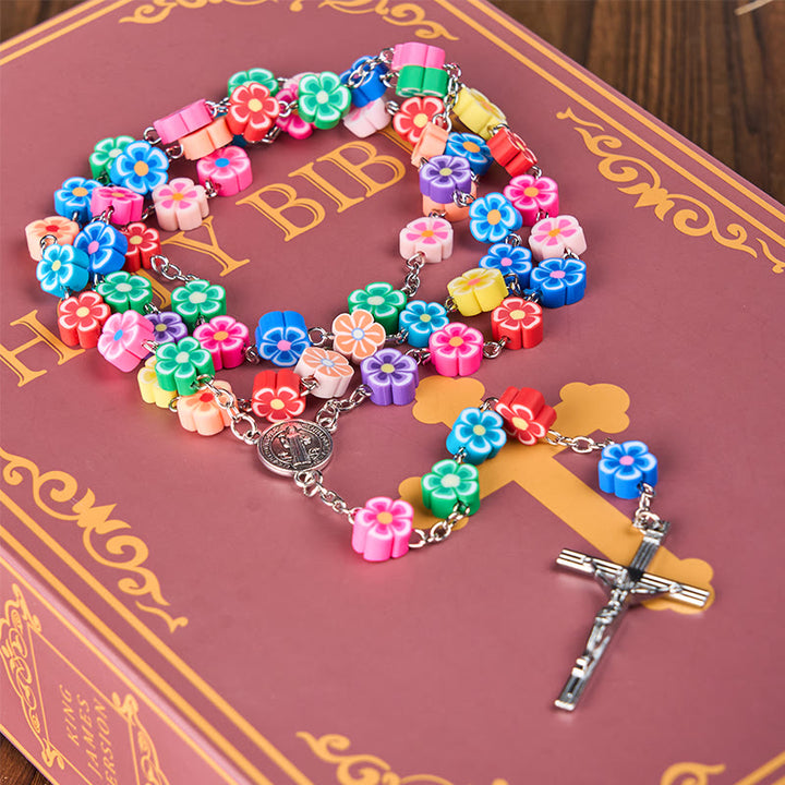 Christianartworkshop St. Benedict Medal & Crucifix of 8 mm Flower Multicolor Polymer Clay Alloy Chain Rosary - image 5