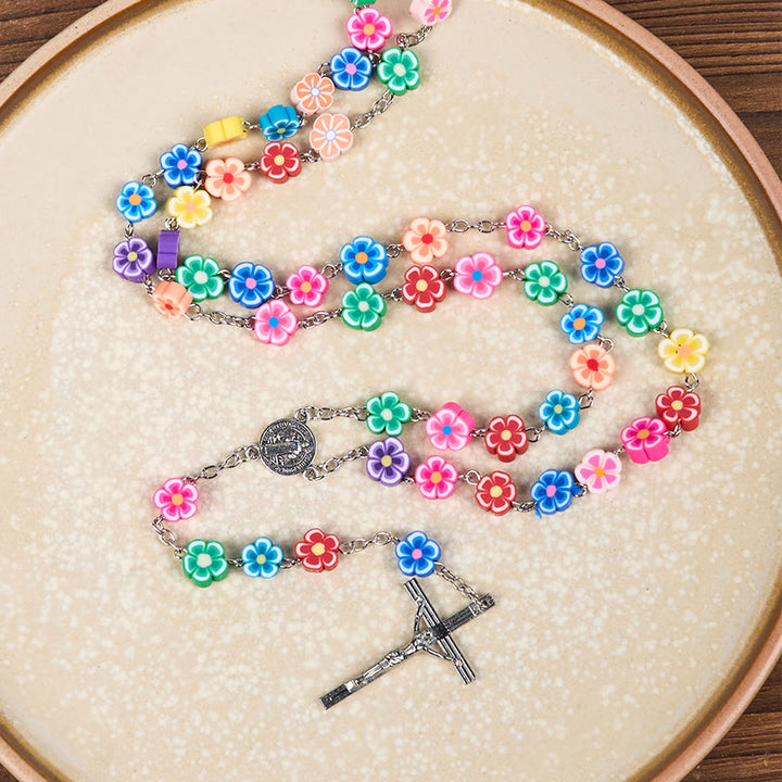 Christianartworkshop St. Benedict Medal & Crucifix of 8 mm Flower Multicolor Polymer Clay Alloy Chain Rosary - image 3